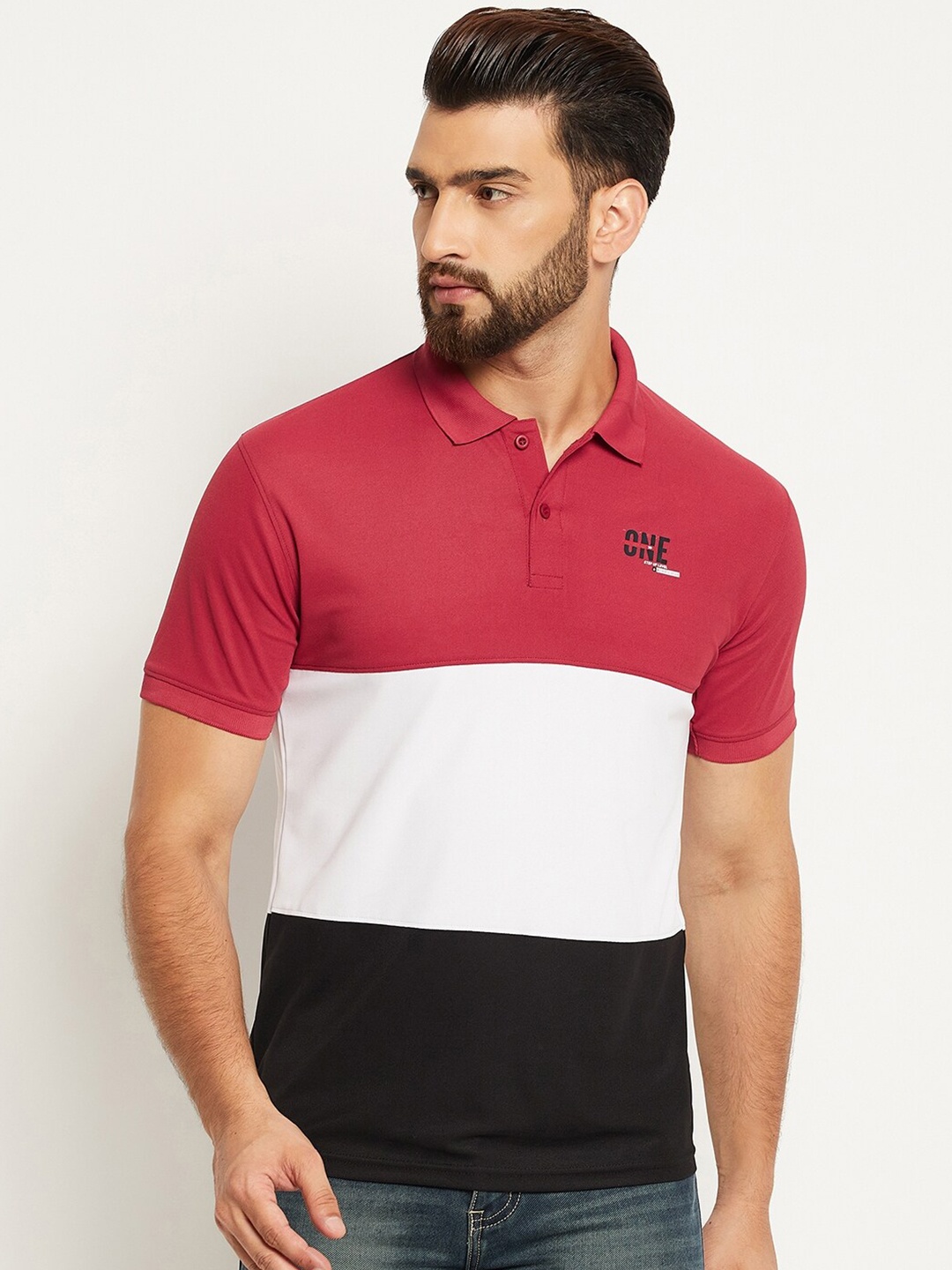 

OGEN Colourblocked Polo Collar Cotton T-shirt, Maroon