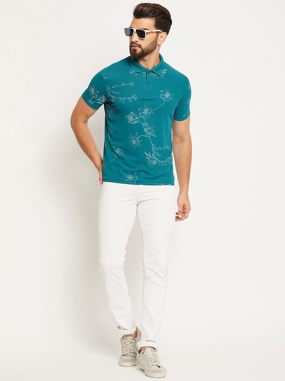

OGEN Floral Printed Polo Collar T-shirt, Teal