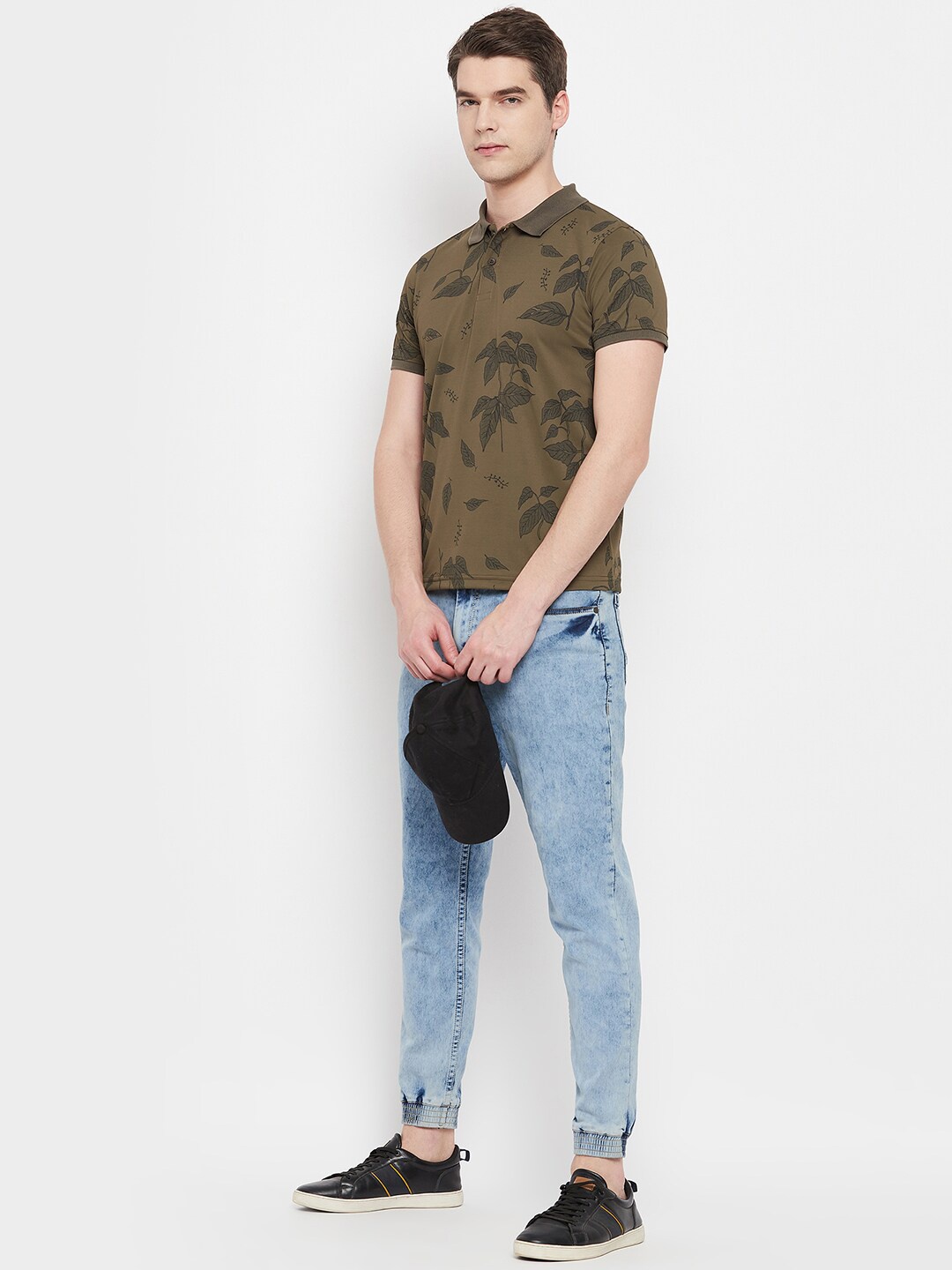 

OGEN Floral Printed Polo Collar Short Sleeves Cotton T-shirt, Olive