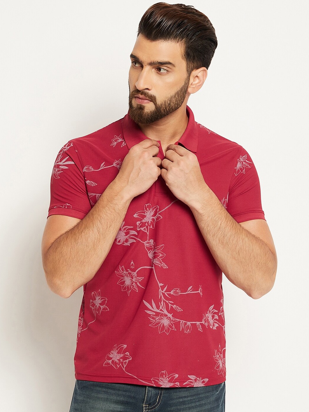 

OGEN Floral Printed Polo Collar Short Sleeves T-shirt, Maroon