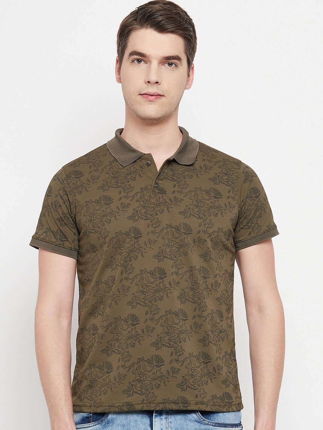 

OGEN Men Floral Printed Polo Collar T-shirt, Olive