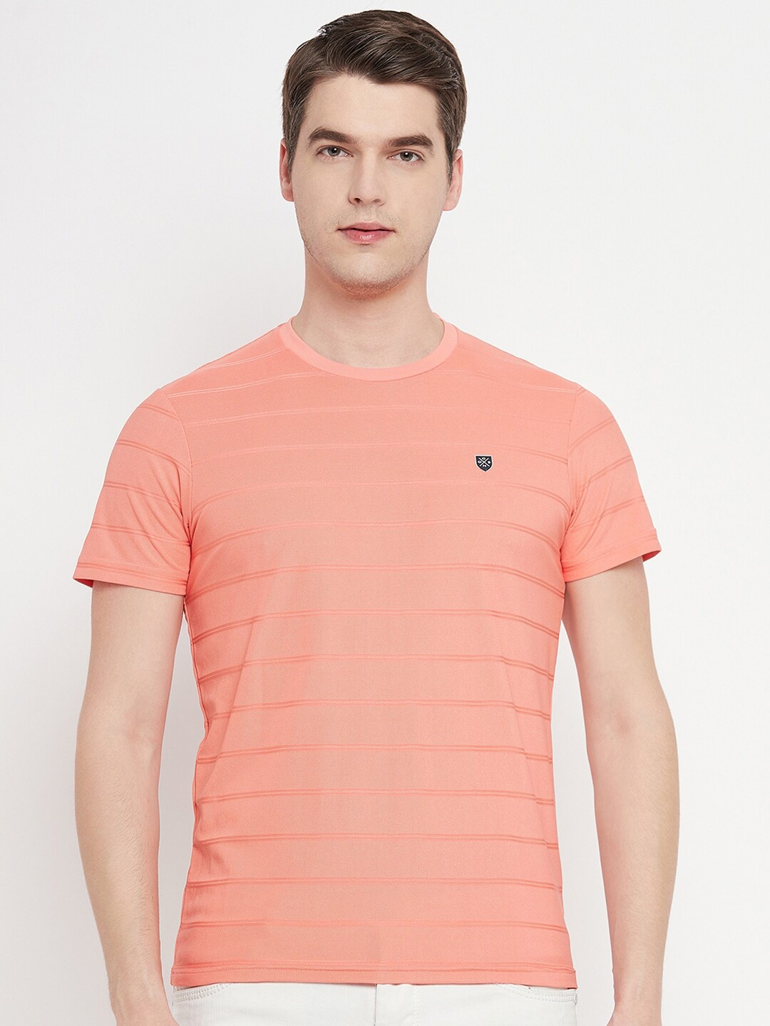 

OGEN Striped Round Neck Short Sleeves Cotton T-shirt, Peach