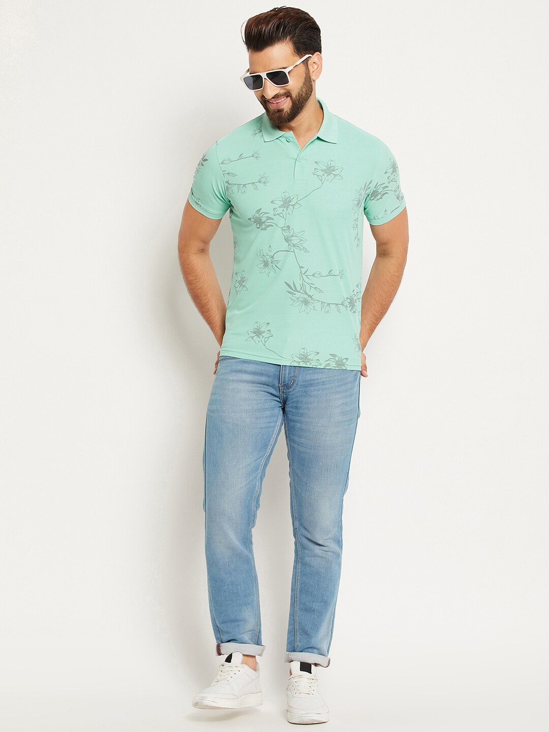 

OGEN Floral Printed Polo Collar Short Sleeves T-shirt, Sea green