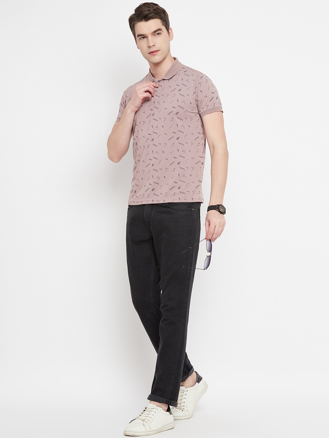 

OGEN Floral Printed Polo Collar Short Sleeves Cotton T-shirt, Pink