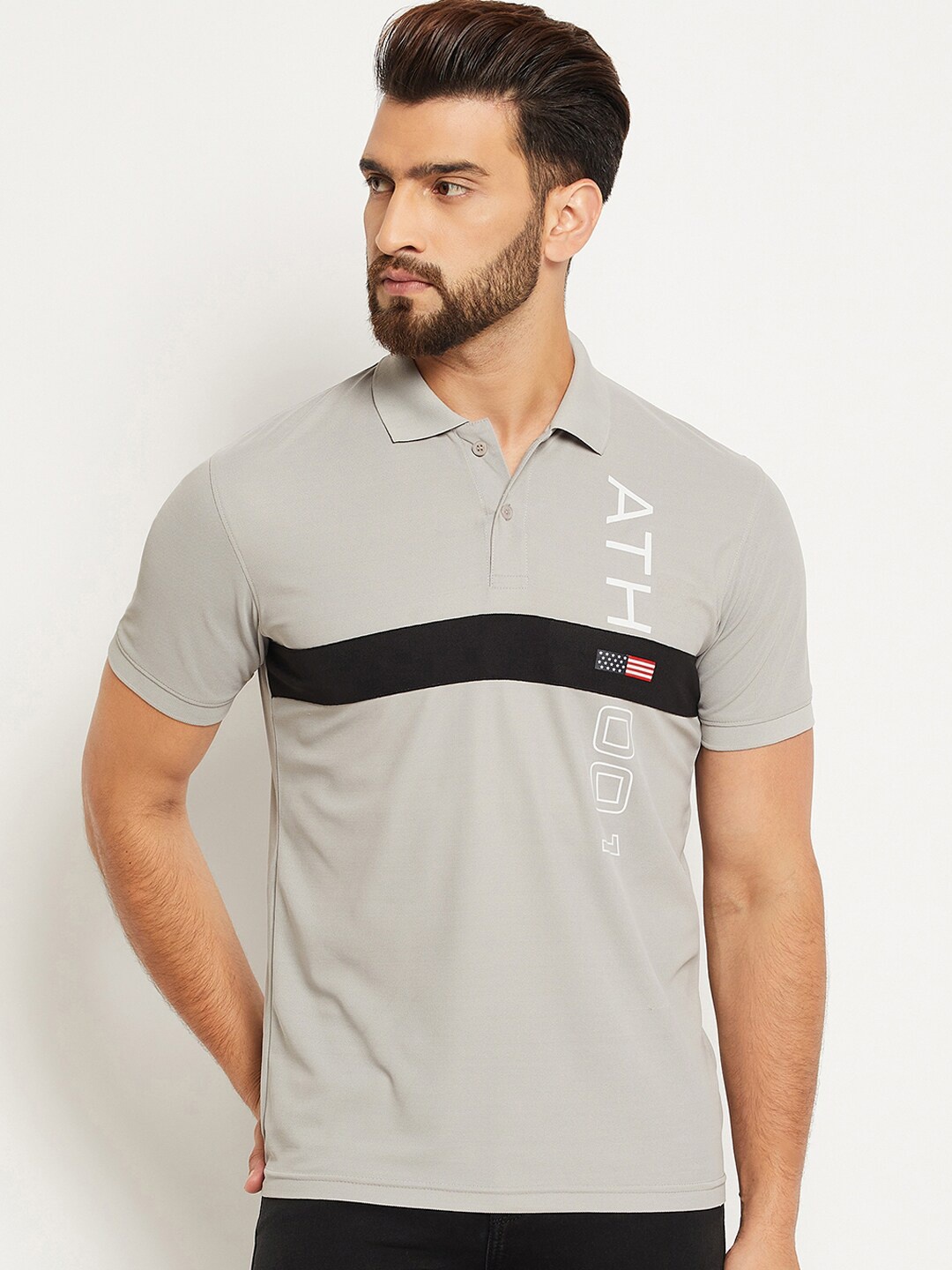 

OGEN Typography Printed Polo Collar Short Sleeves Casual T-Shirt, Grey