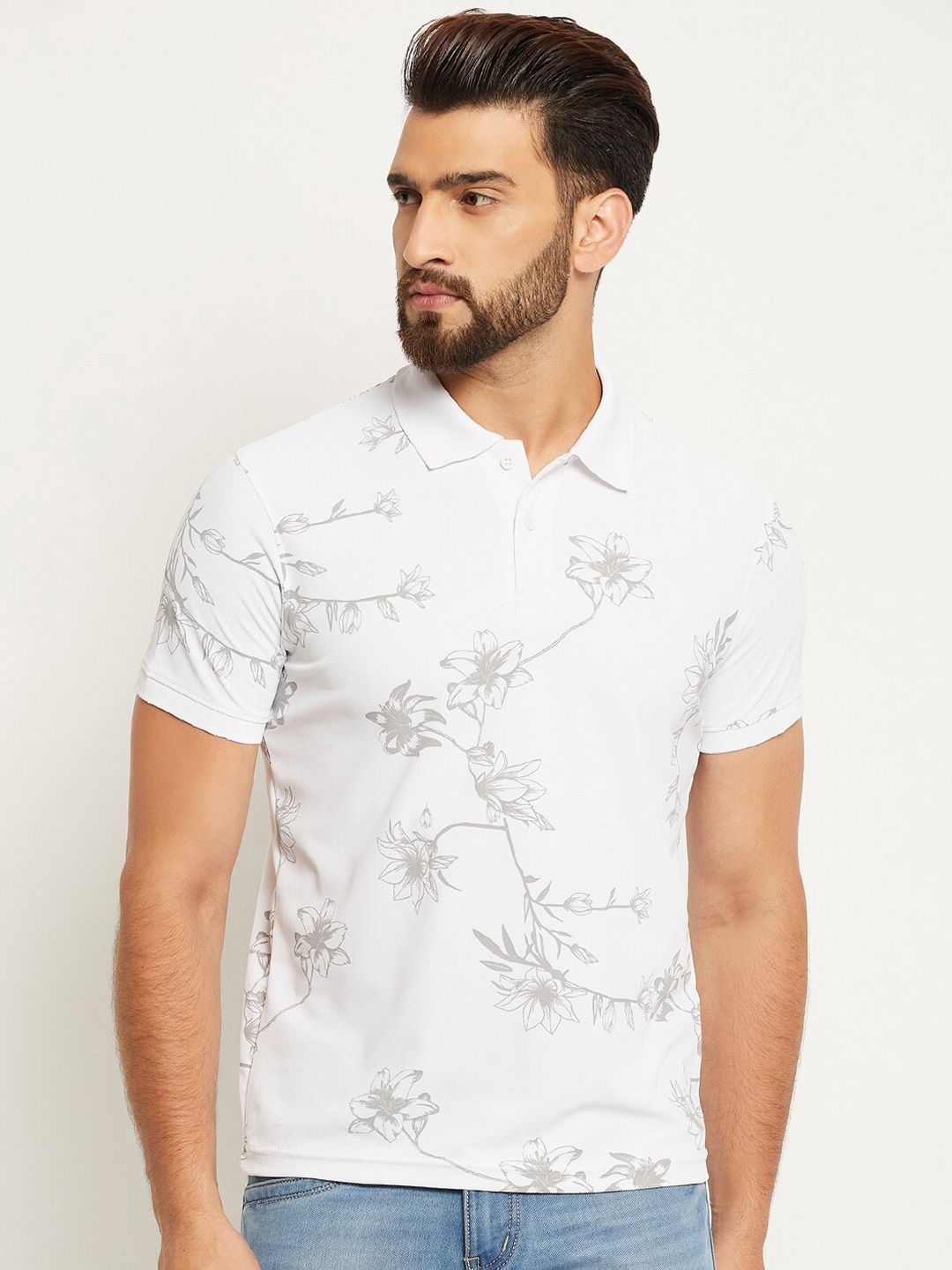 

OGEN Men Floral Printed Polo Collar T-shirt, White