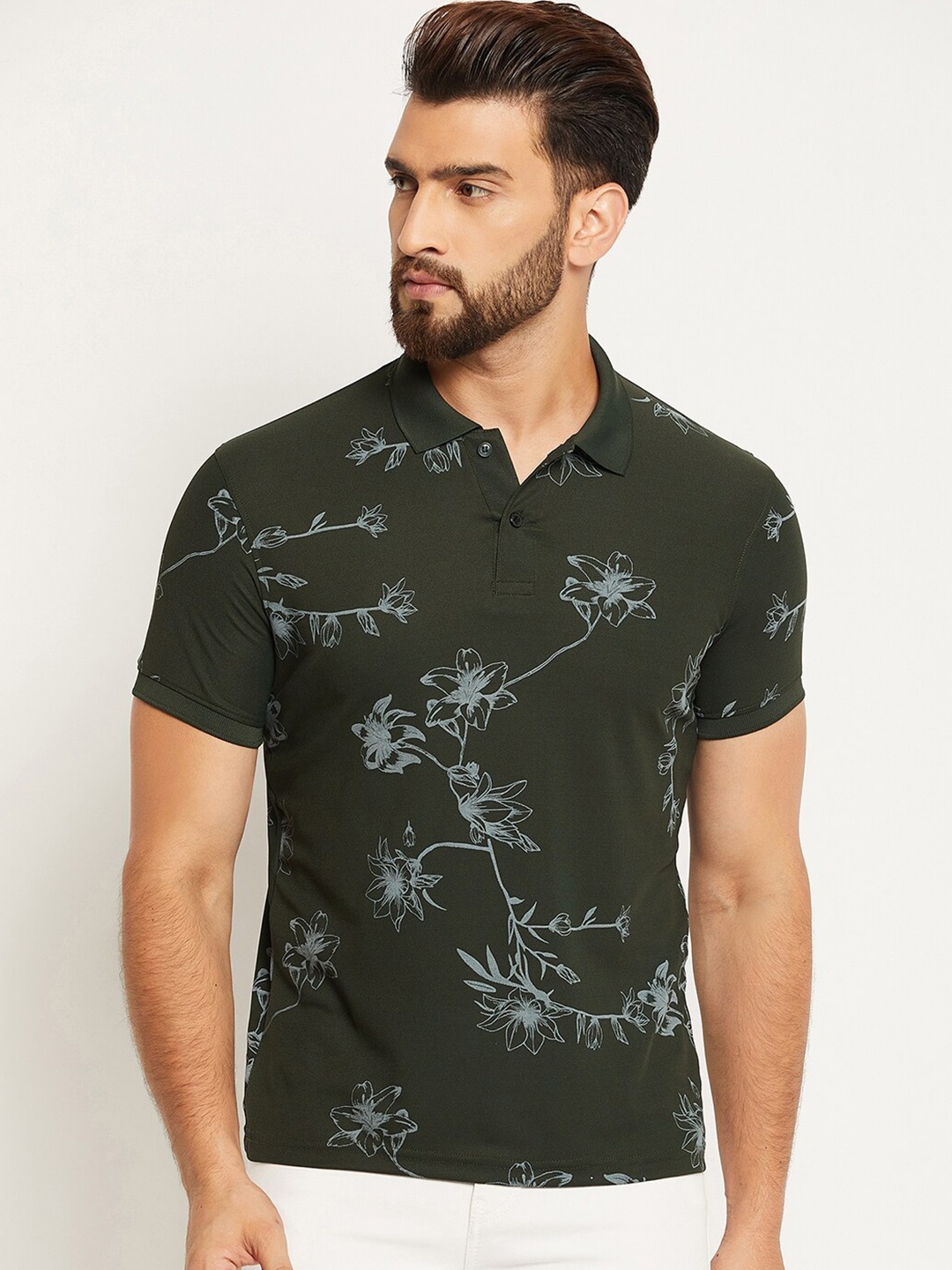 

OGEN Floral Printed Polo Collar T-shirt, Green
