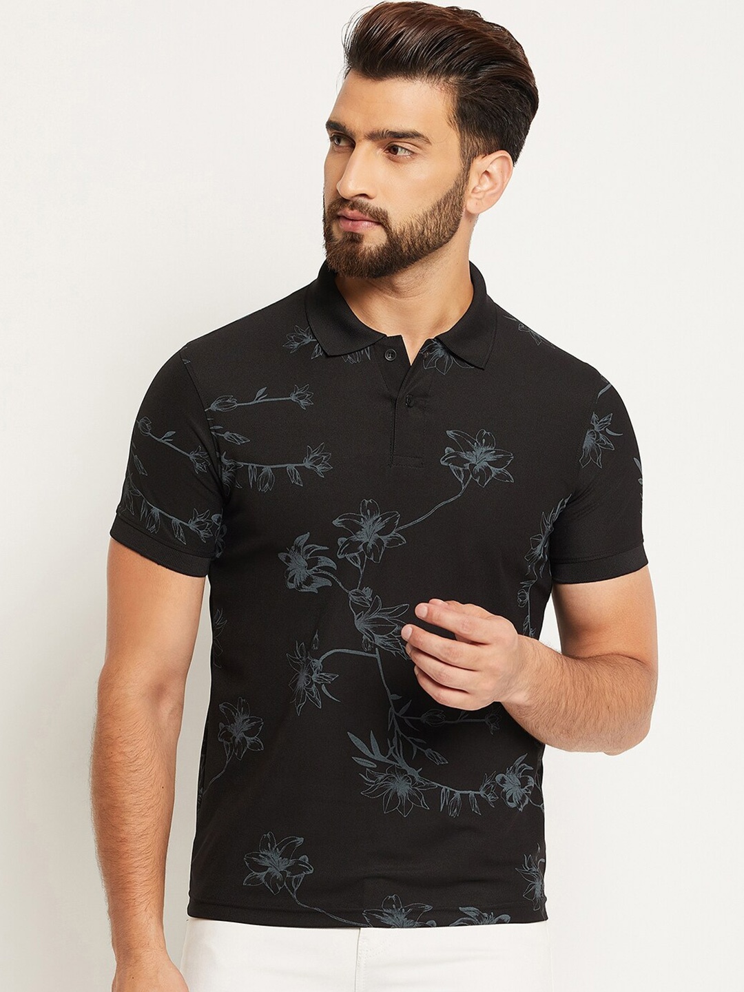 

OGEN Men Floral Printed Polo Collar T-shirt, Black