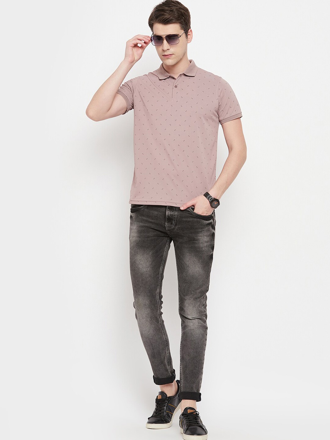 

OGEN Micro Ditsy Printed Polo Collar Cotton T-shirt, Rose
