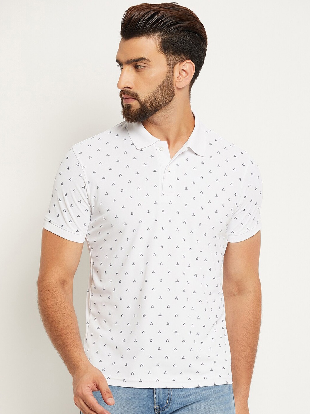 

OGEN Geometric Printed Polo Collar Short Sleeves Cotton T-Shirt, White