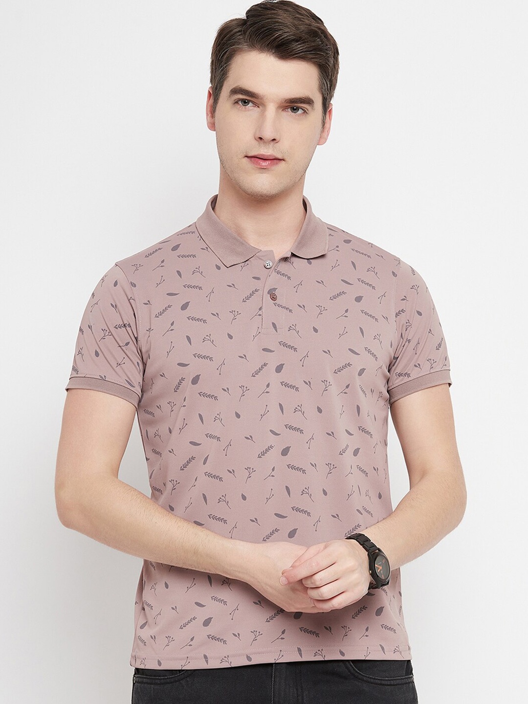 

OGEN Floral Printed Polo Collar Short Sleeves Cotton T-shirt, Pink