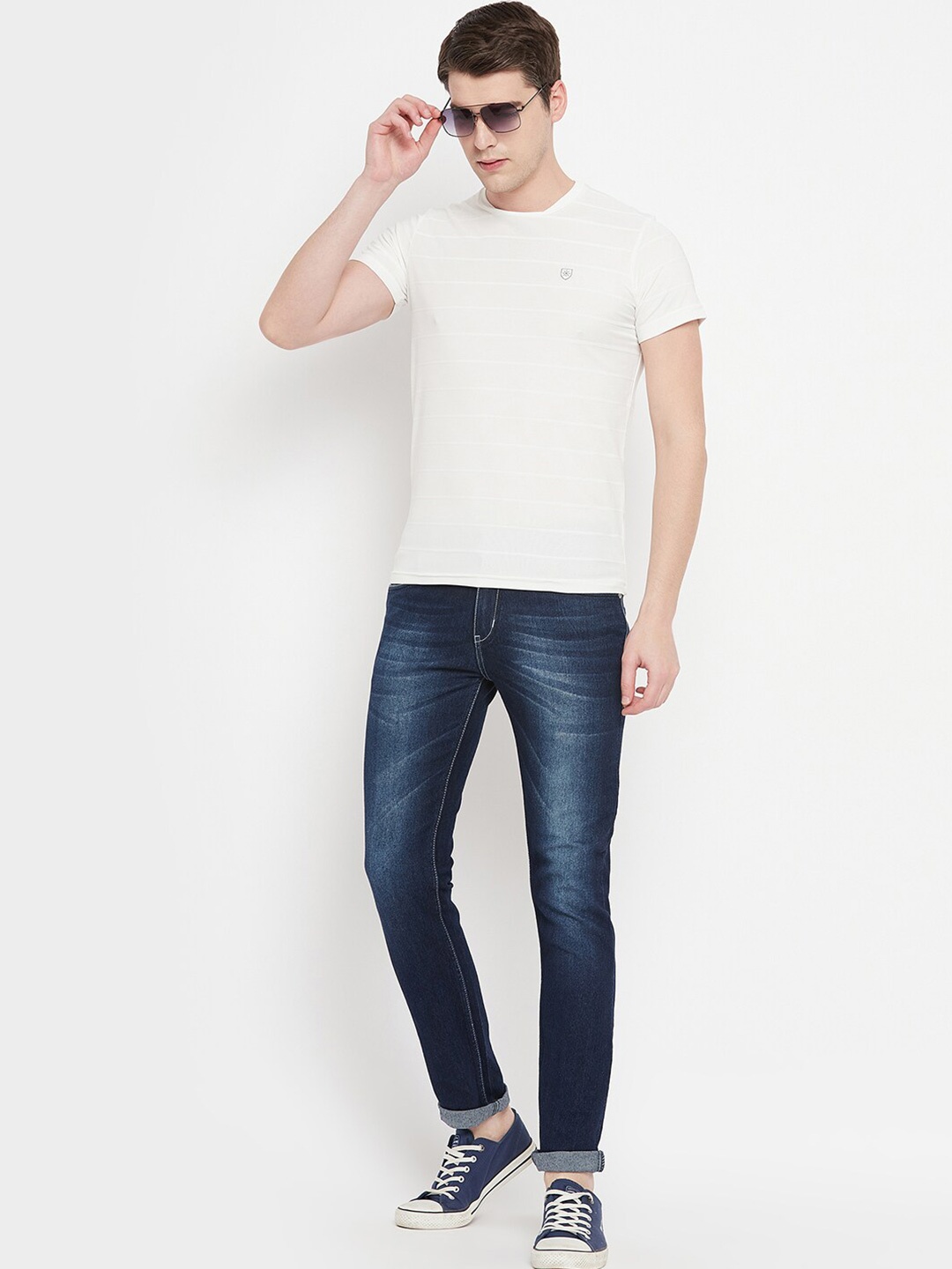 

OGEN Regular Fit Short Sleeves Round Neck Cotton Striped T-shirt, White