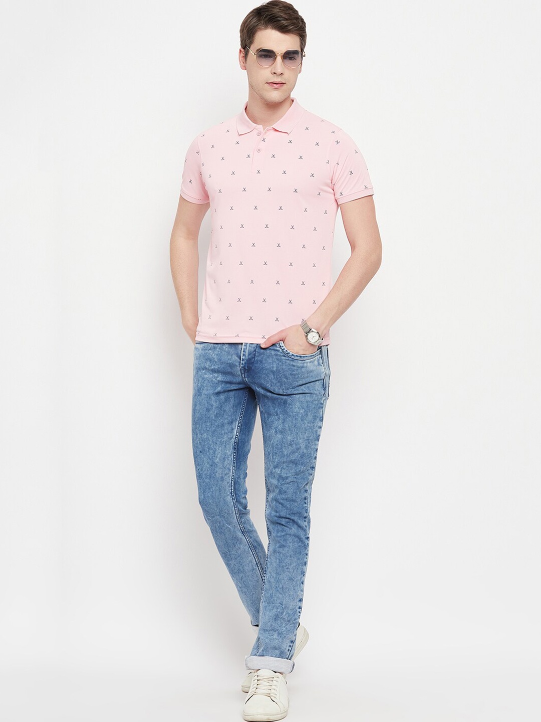 

OGEN Conversational Printed Polo Collar Cotton Casual T-shirt, Pink