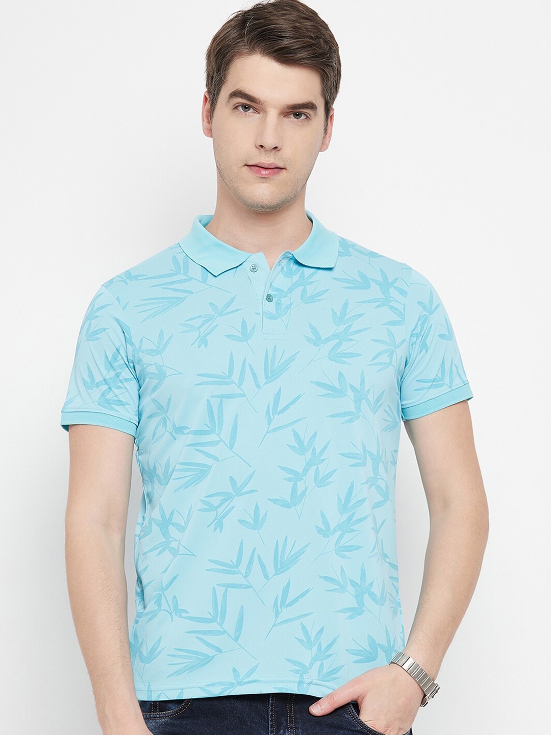 

OGEN Floral Printed Polo Collar Short Sleeves Cotton Casual T-Shirt, Blue