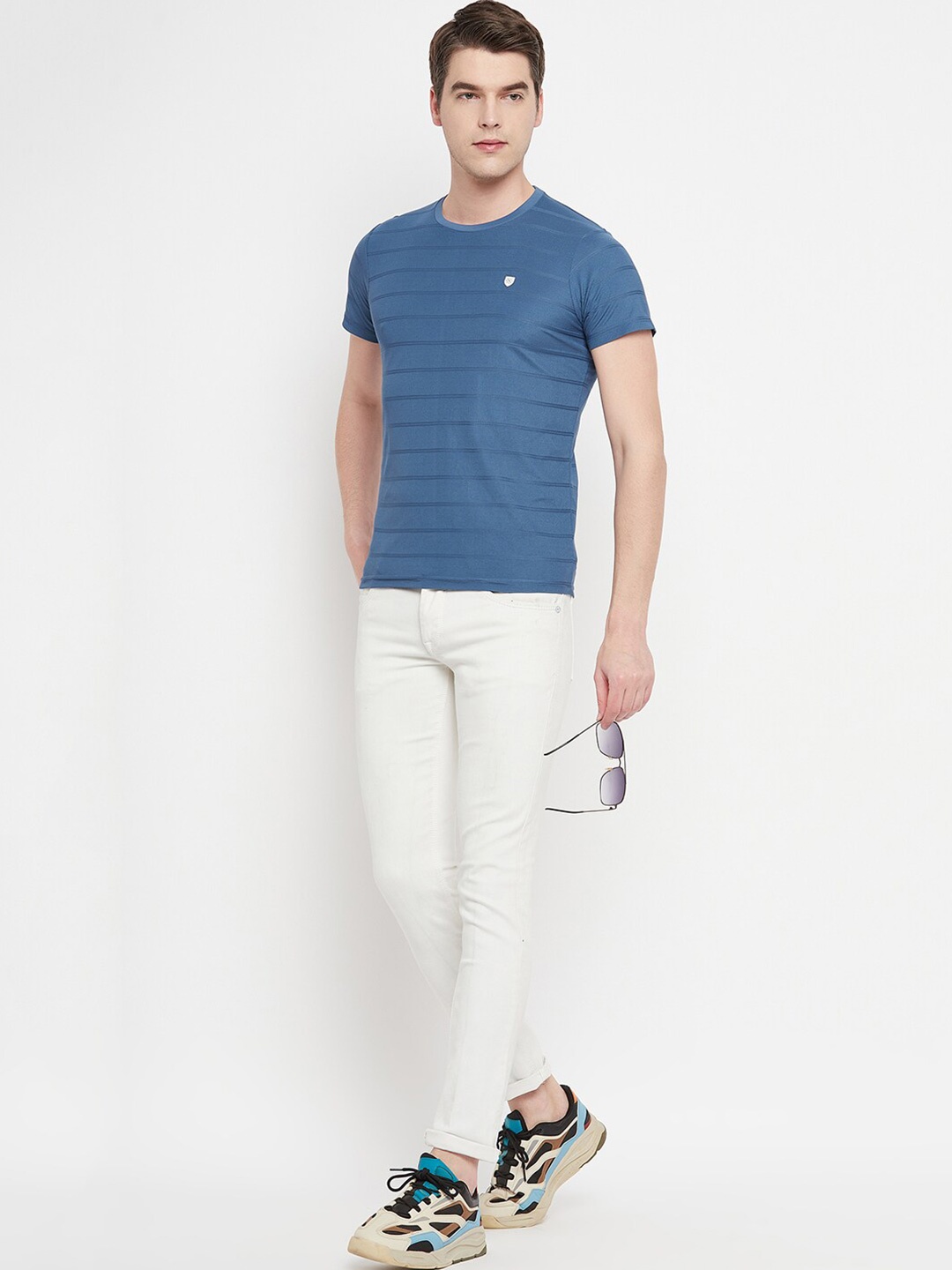 

OGEN Round Neck Short Sleeves Striped Cotton T-shirt, Navy blue