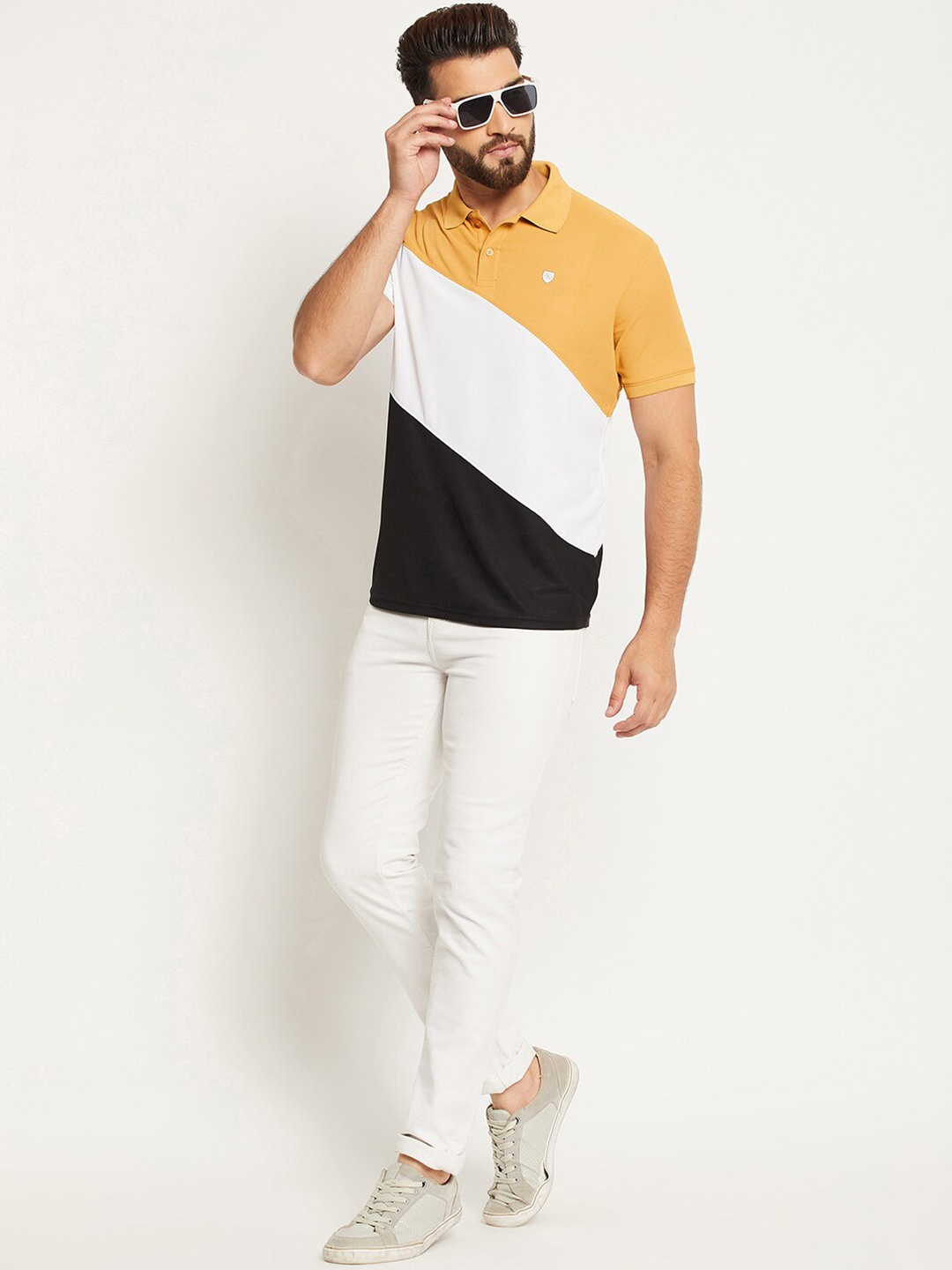 

OGEN Men Colourblocked Polo Collar T-shirt, Mustard