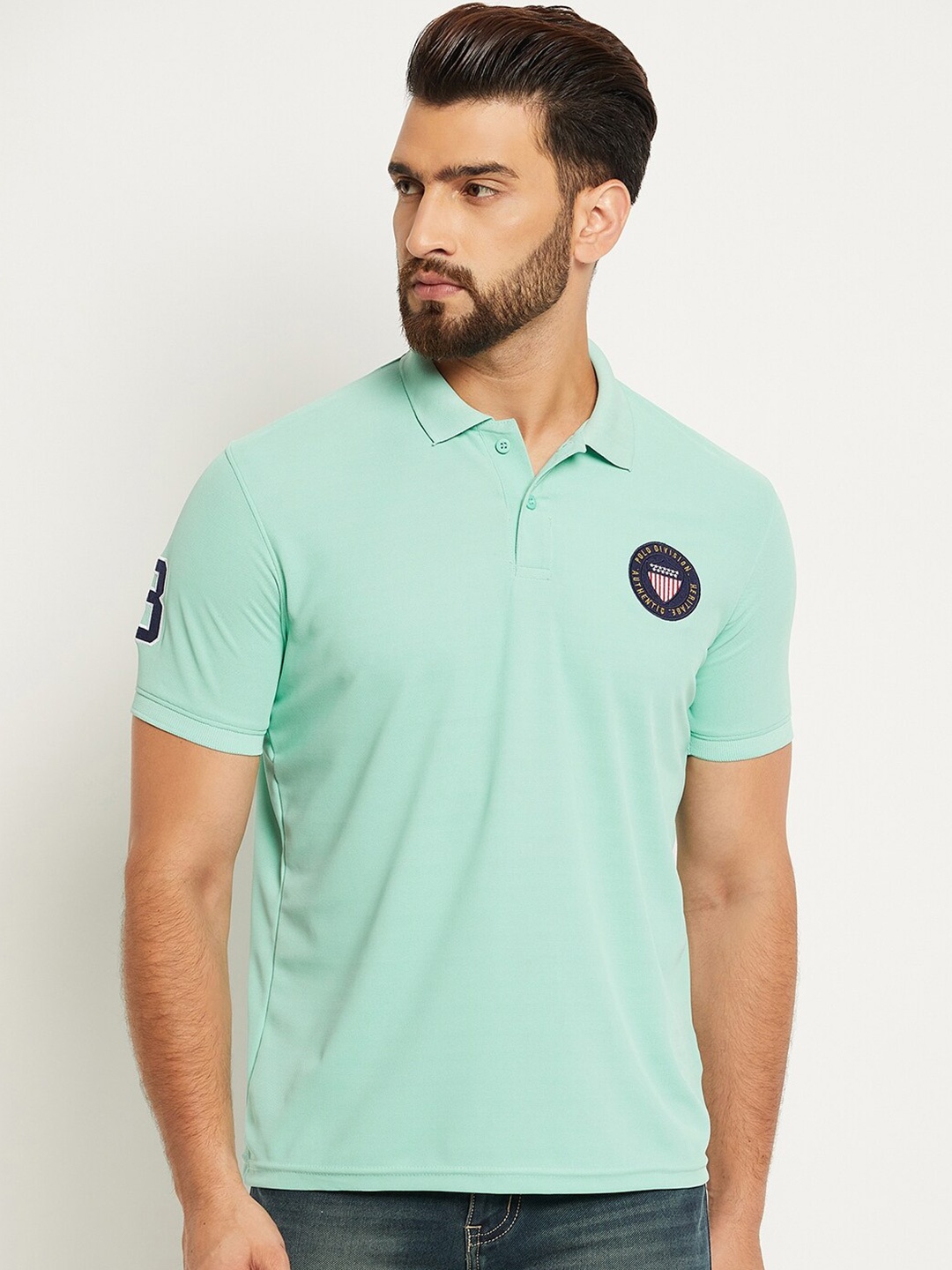 

OGEN Regular Fit Short Sleeves Cotton Polo Collar Applique T-shirt, Sea green