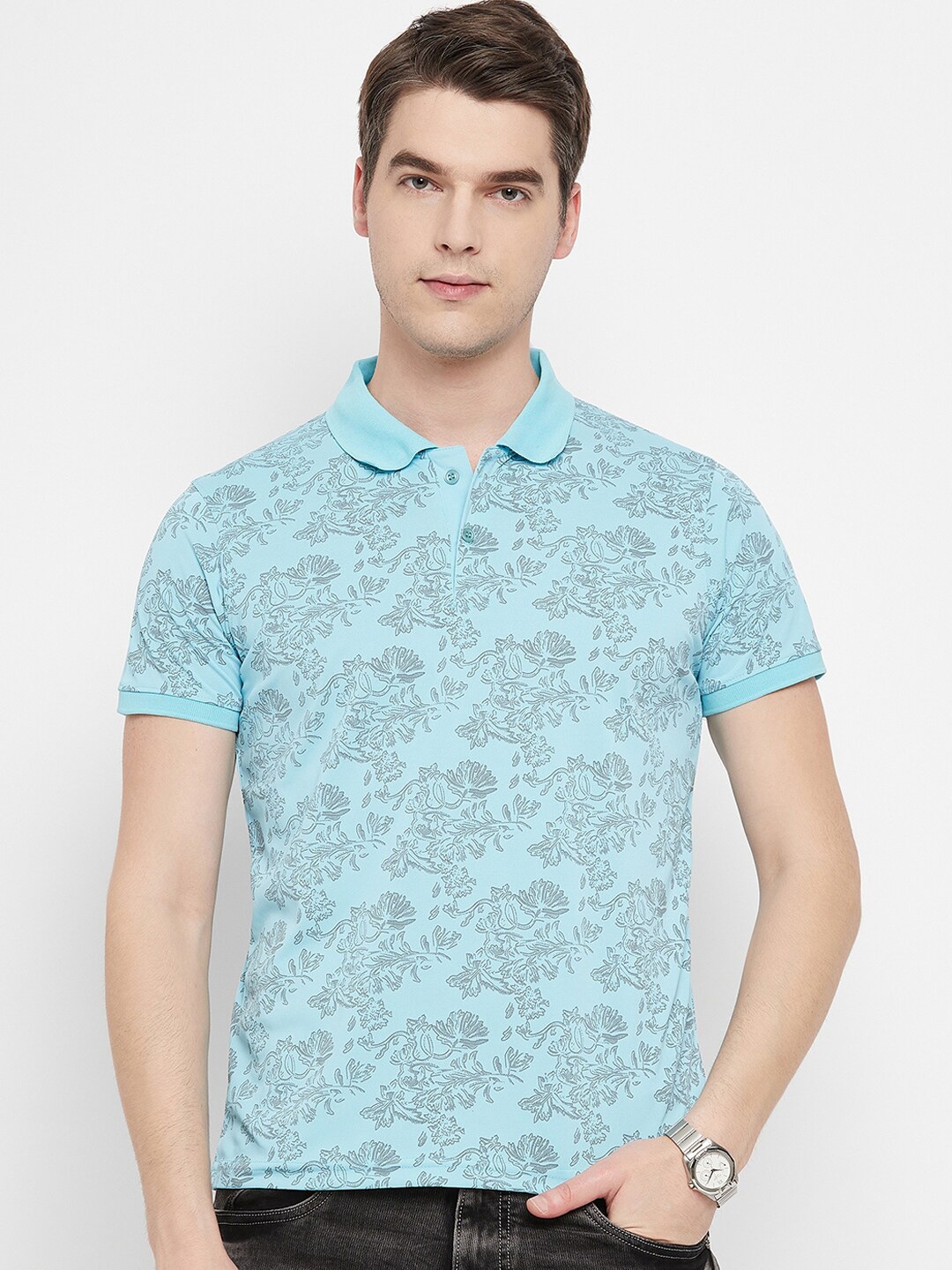 

OGEN Floral Printed Polo Collar Cotton T-shirt, Blue