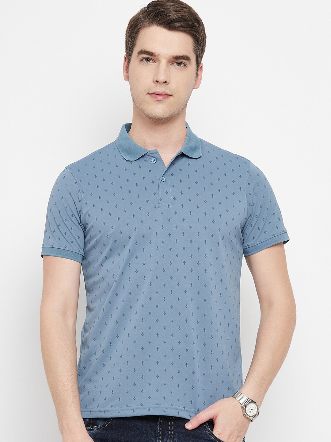 

OGEN Men Floral Printed Polo Collar T-shirt, Navy blue