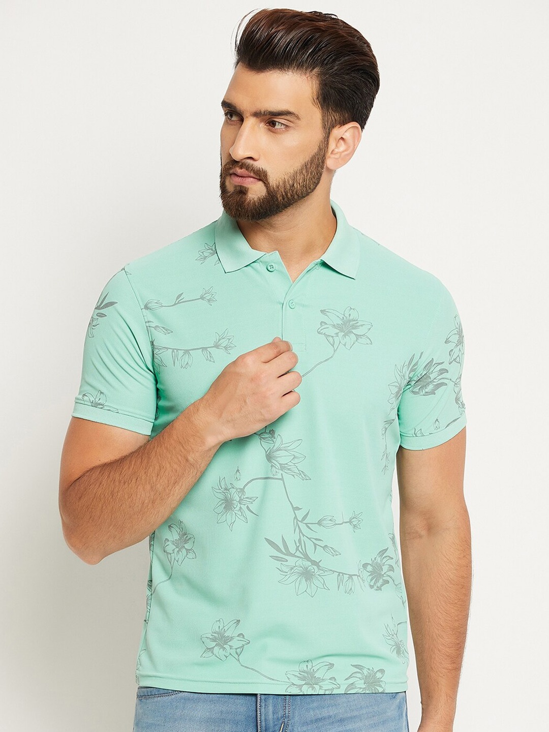 

OGEN Floral Printed Polo Collar Short Sleeves T-shirt, Sea green
