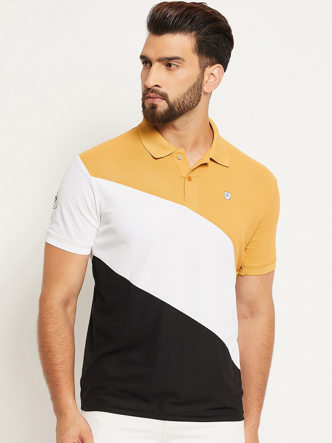

OGEN Men Colourblocked Polo Collar T-shirt, Yellow