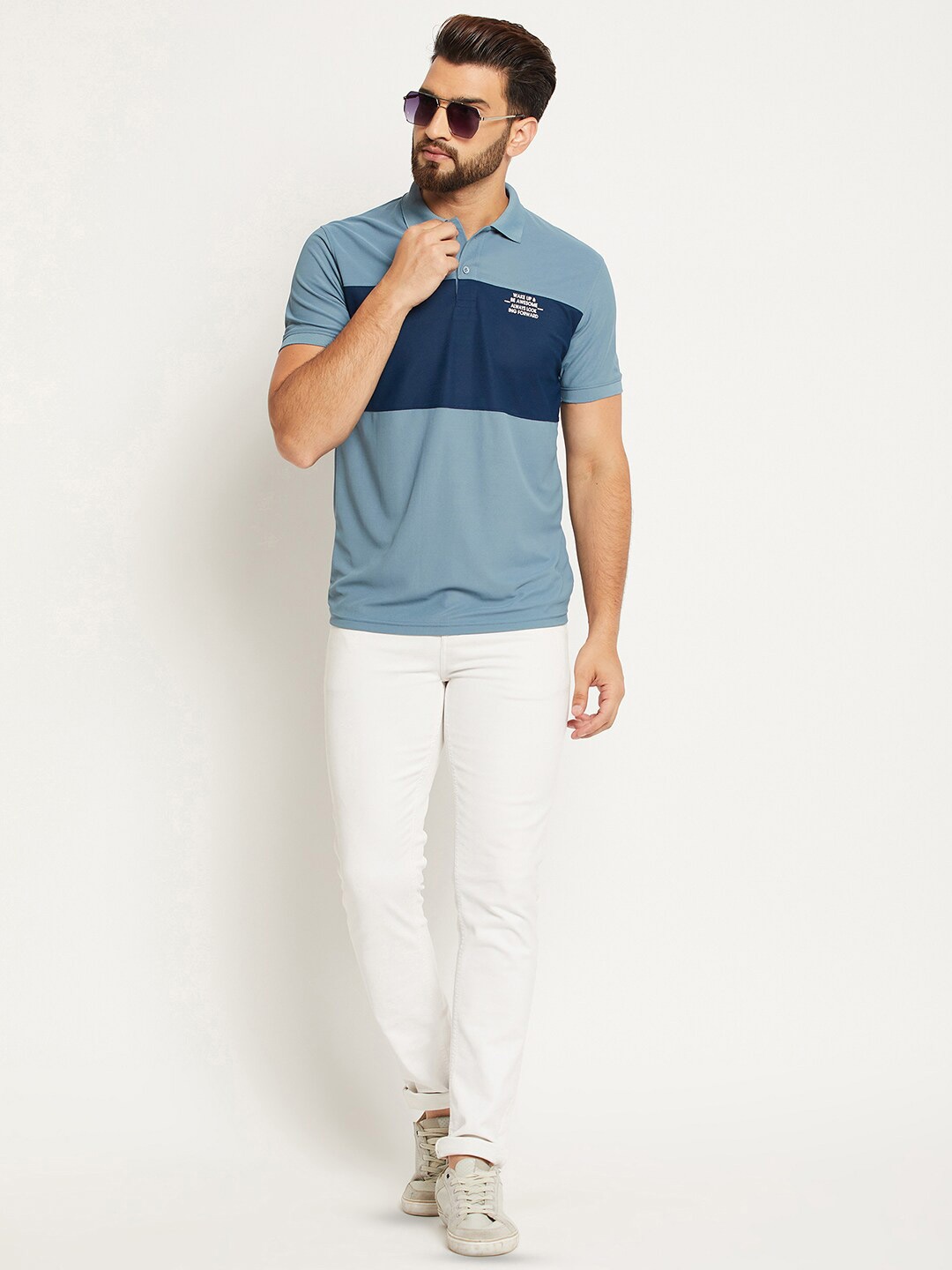 

OGEN Colourblocked Short Sleeves Cotton Polo Collar T-shirt, Blue