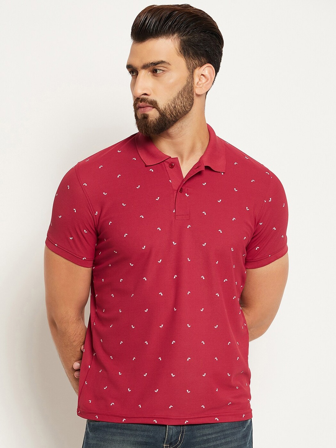 

OGEN Printed Polo Collar Cotton T-shirt, Maroon