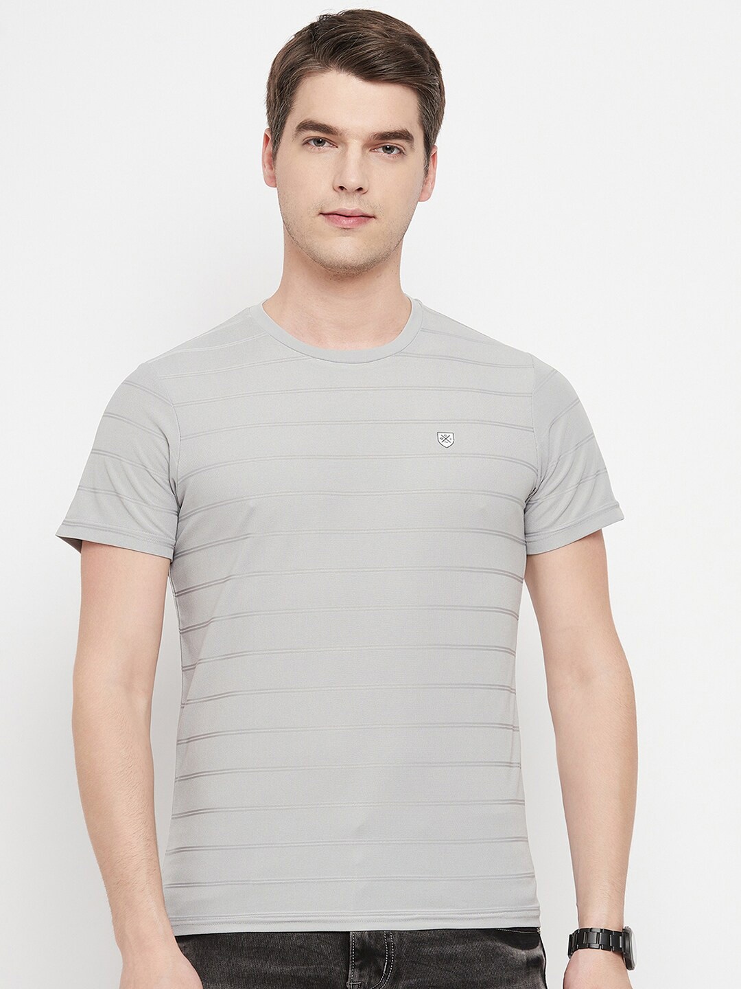 

OGEN Striped Self Design Round Neck Half Sleeves Cotton T-shirt, Grey