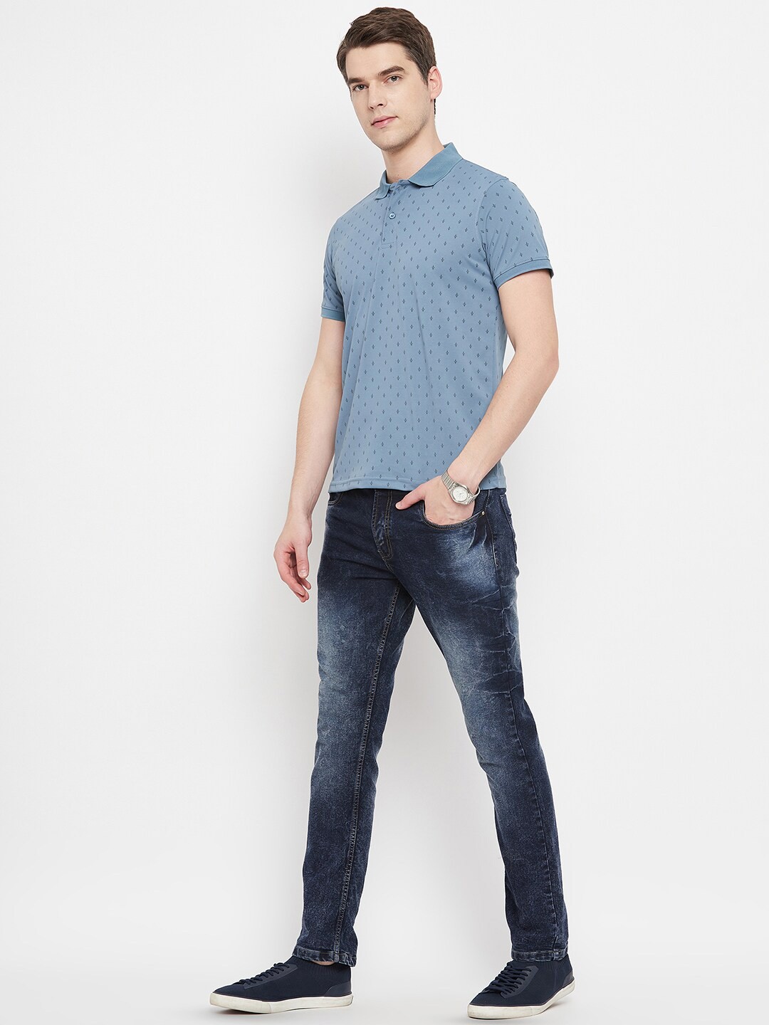 

OGEN Geometric Printed Polo Collar Short Sleeves Casual T-shirts, Navy blue