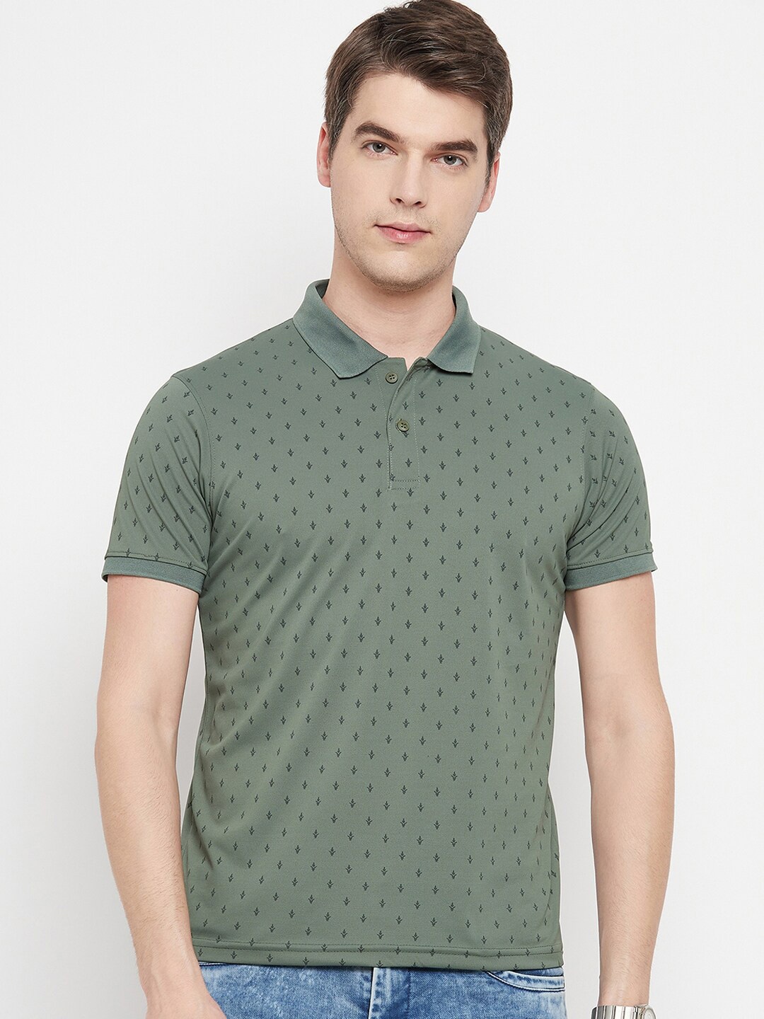 

OGEN Men Printed Polo Collar T-shirt, Green