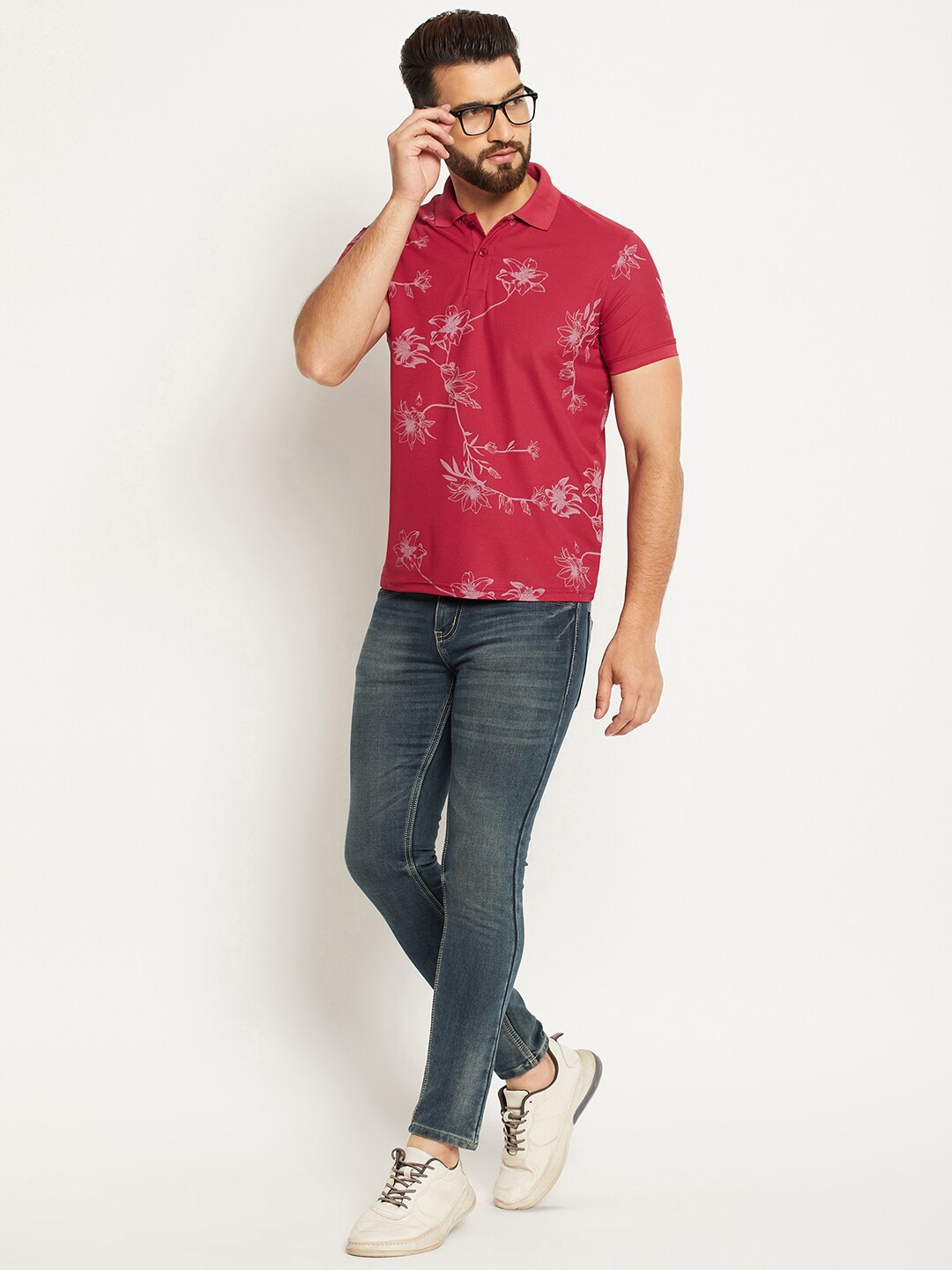 

OGEN Floral Printed Regular Fit Short Sleeves Polo Collar T-shirt, Maroon