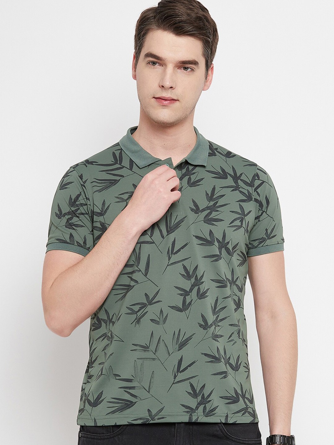 

OGEN Men Floral Printed Polo Collar Tropical T-shirt, Olive