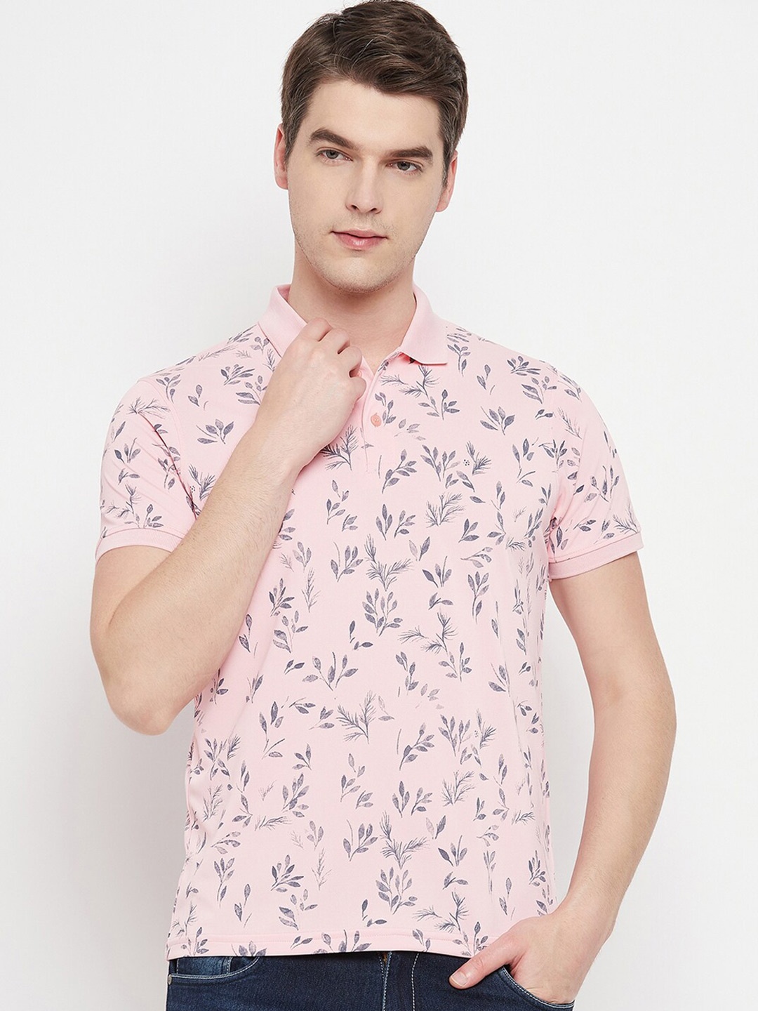 

OGEN Floral Printed Polo Collar Short Sleeves Cotton Casual T-Shirt, Pink