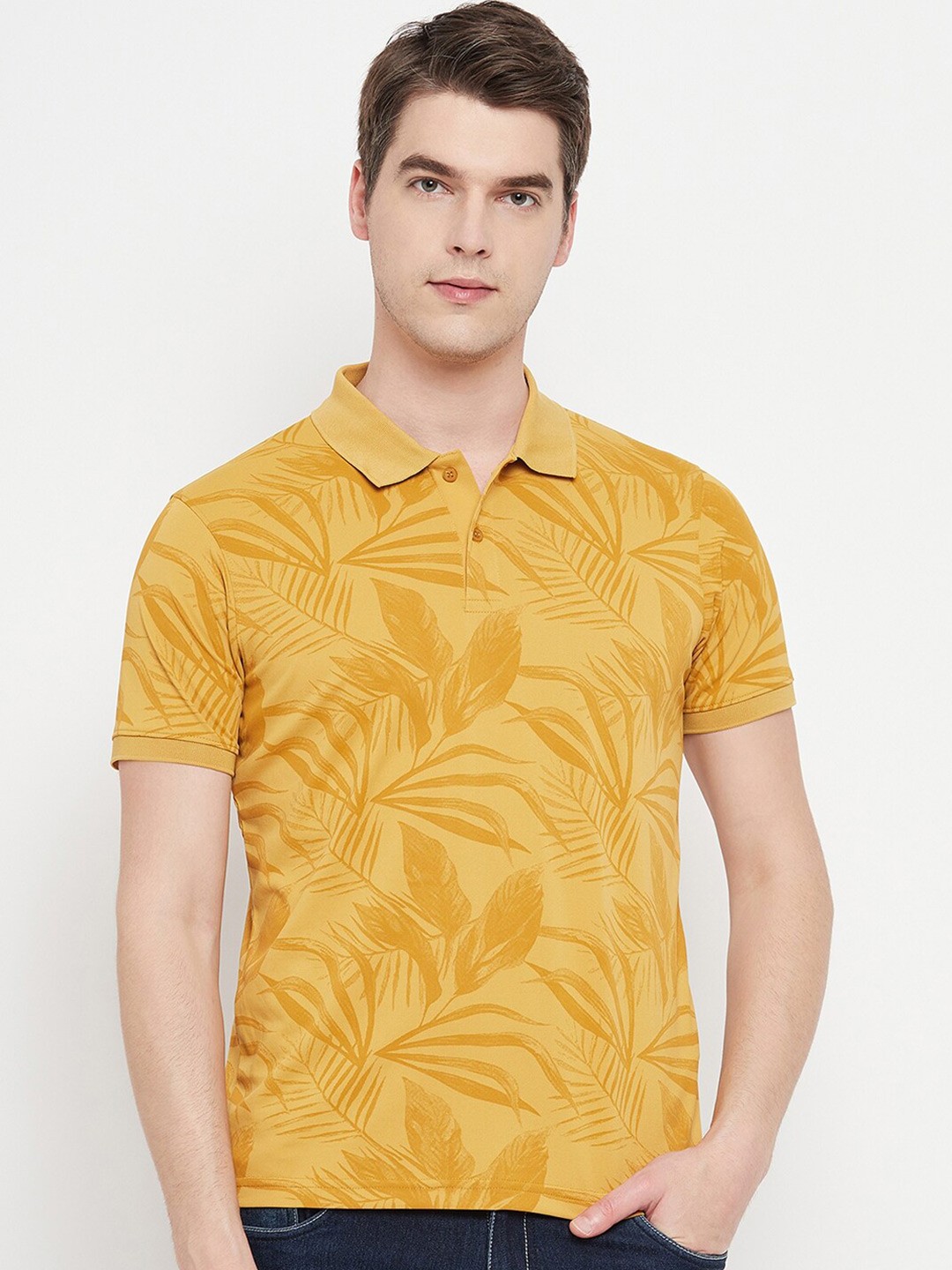 

OGEN Men Floral Printed Polo Collar T-shirt, Mustard
