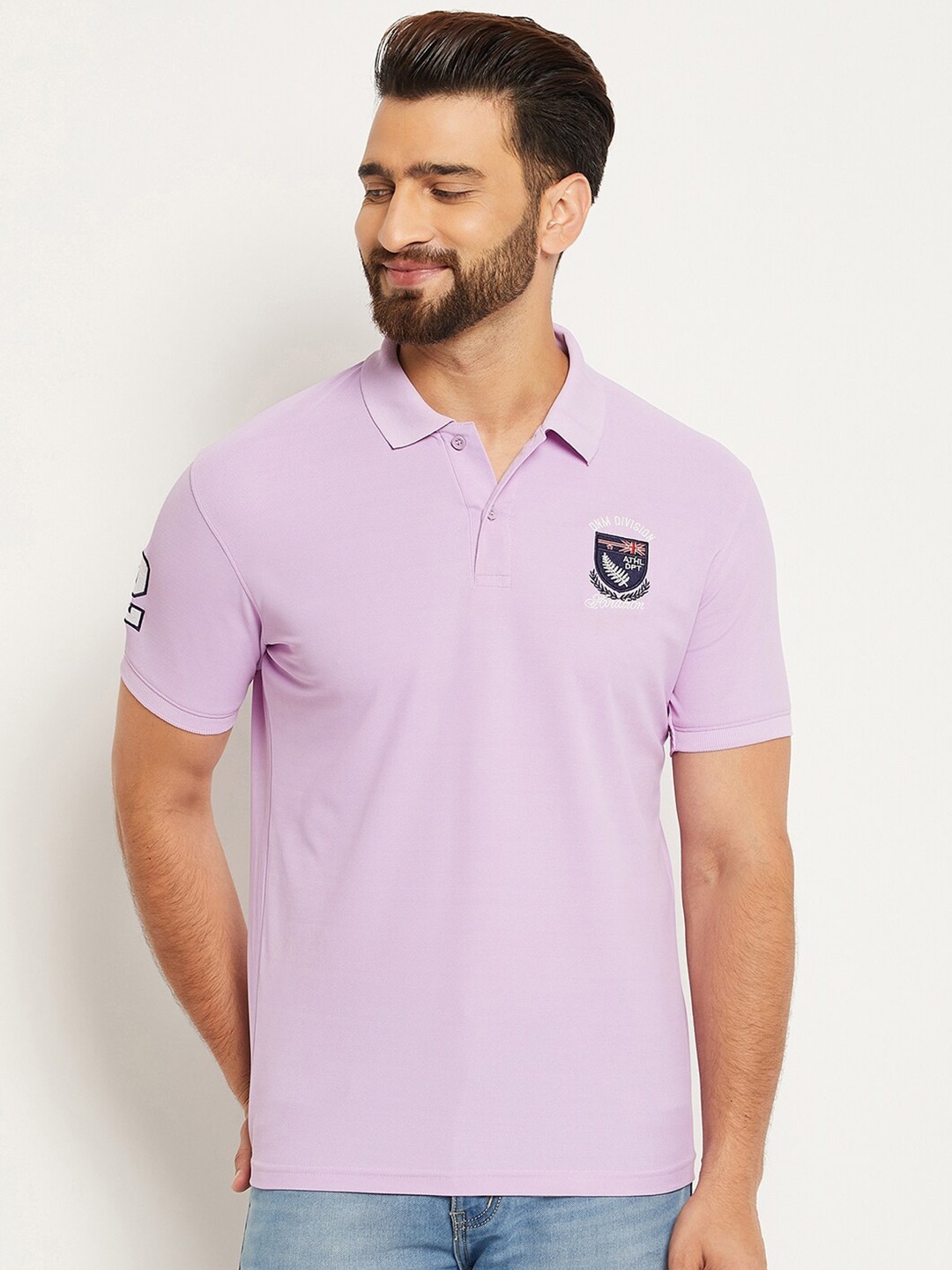 

OGEN Regular Fit Short Sleeves Cotton Polo Collar Applique T-shirt, Lavender