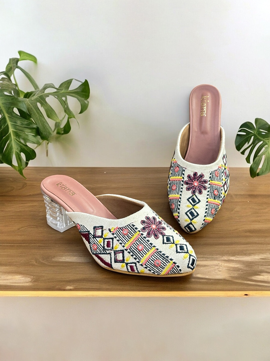 

Kiana House Of Fashion Embellished Pointed Toe Block Heeled Mules, Beige
