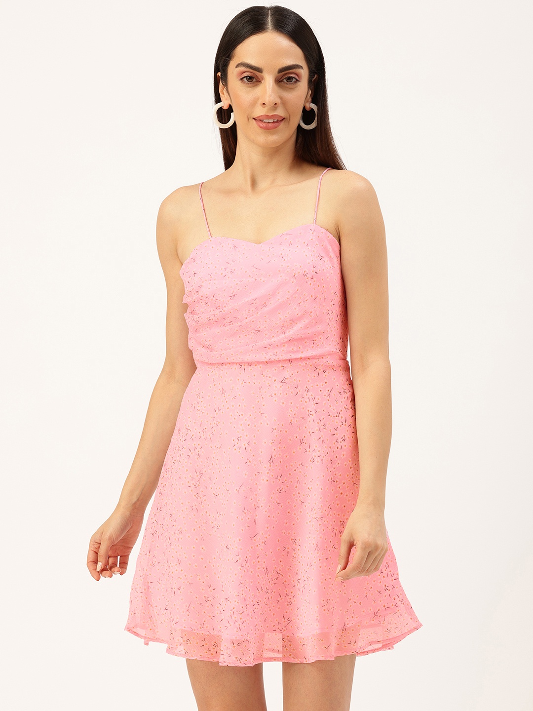 ROVING MODE Floral Print Georgette Fit & Flare Mini Dress With Tie-Ups Detail, Pink