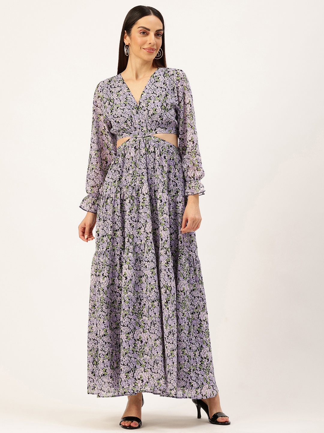 

ROVING MODE Floral Print Puff Sleeves Cut Outs Georgette Fit & Flare Maxi Dress, Black