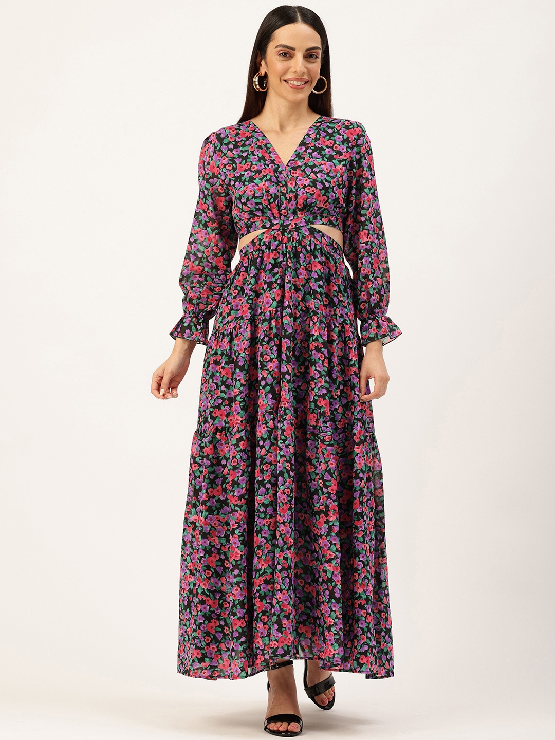 

ROVING MODE Floral Print Puff Sleeves Cut Outs Georgette Fit & Flare Maxi Dress, Black