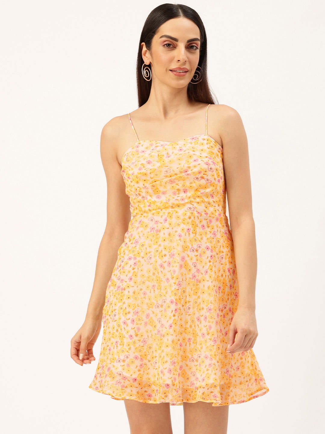 

ROVING MODE Floral Print Georgette Fit & Flare Mini Dress With Tie-Ups Detail, Cream