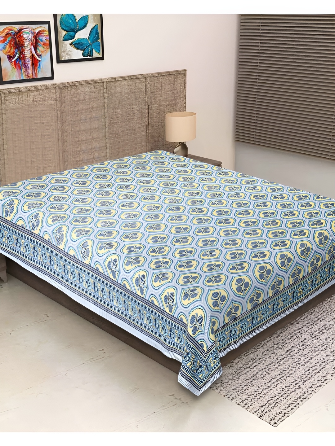 

INDHOME LIFE Yellow & Blue Floral 260 TC Cotton Single Bedsheet
