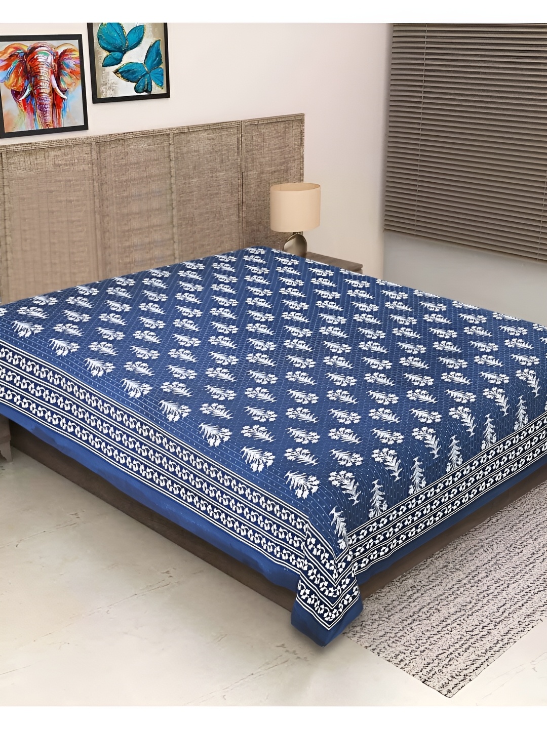 

INDHOME LIFE Navy Blue & White Floral Cotton 260 TC Single Bedsheet