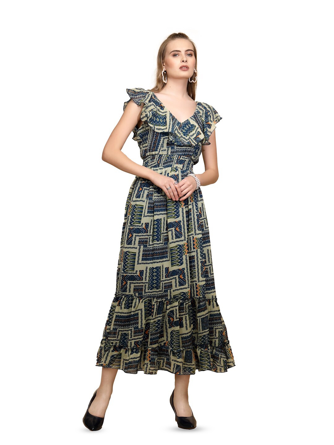

Global Republic Abstract Print Flutter Sleeve Maxi Dress, Beige