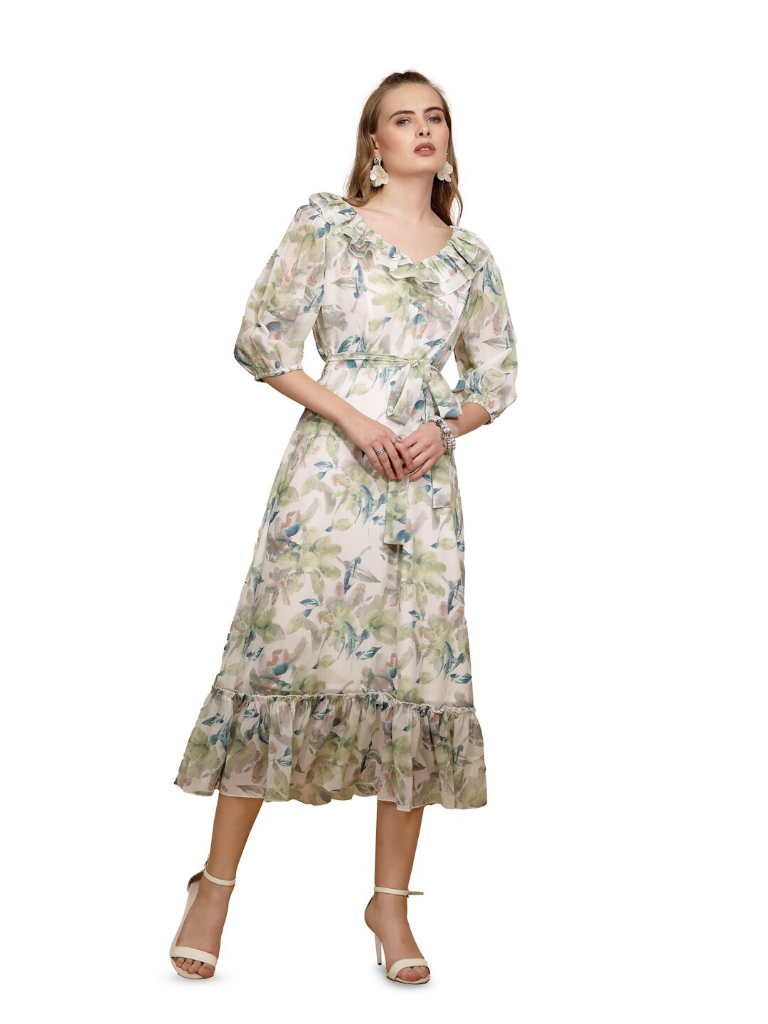 

Global Republic Floral Printed Puff Sleves A-Line Midi Dress, Off white