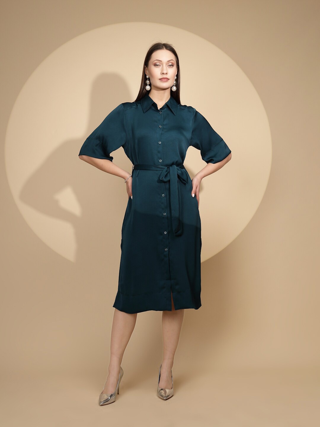 

Global Republic Shirt Collar A-line Dress, Teal