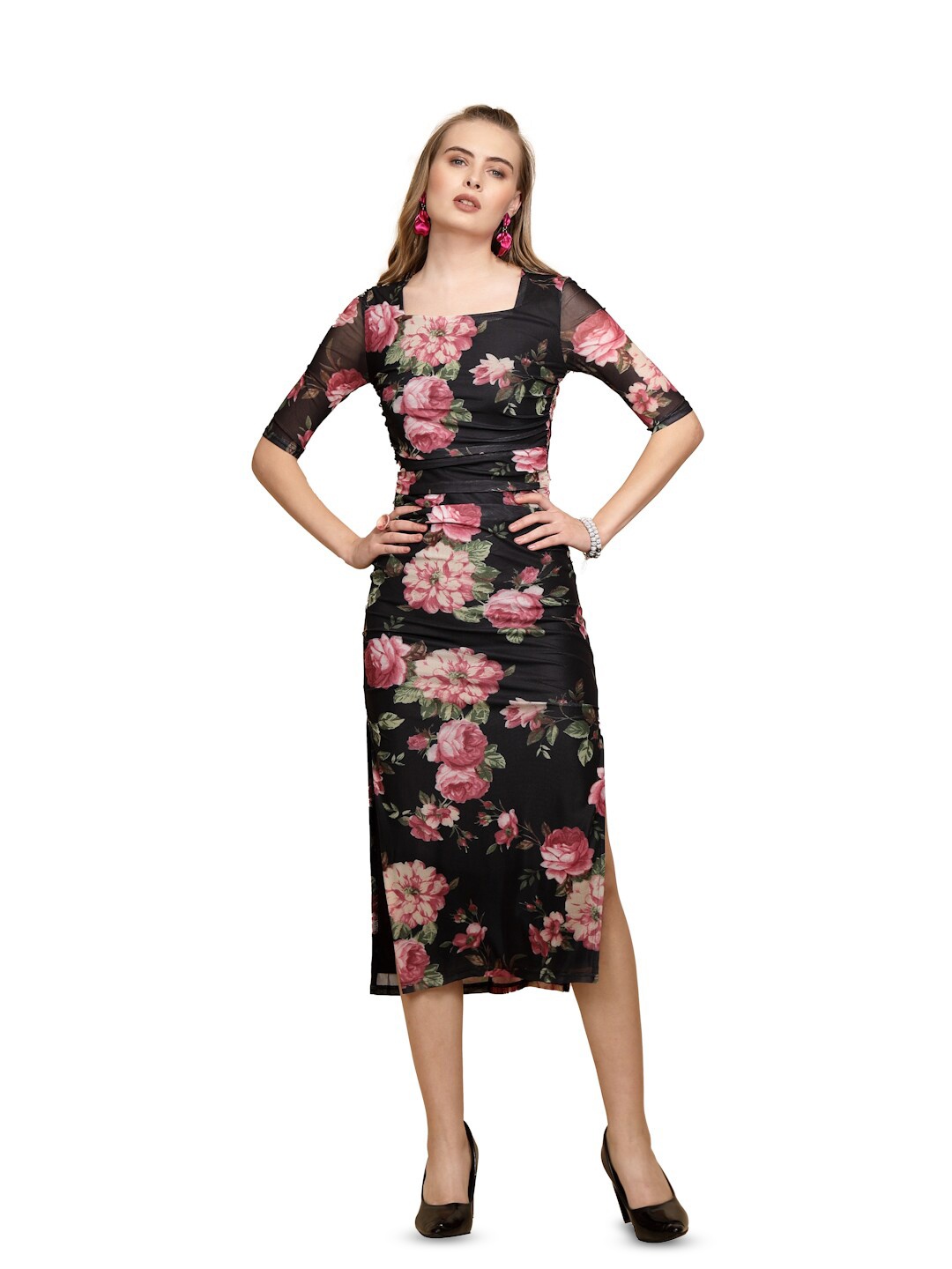

Global Republic Floral Print Bodycon Midi Dress, Black
