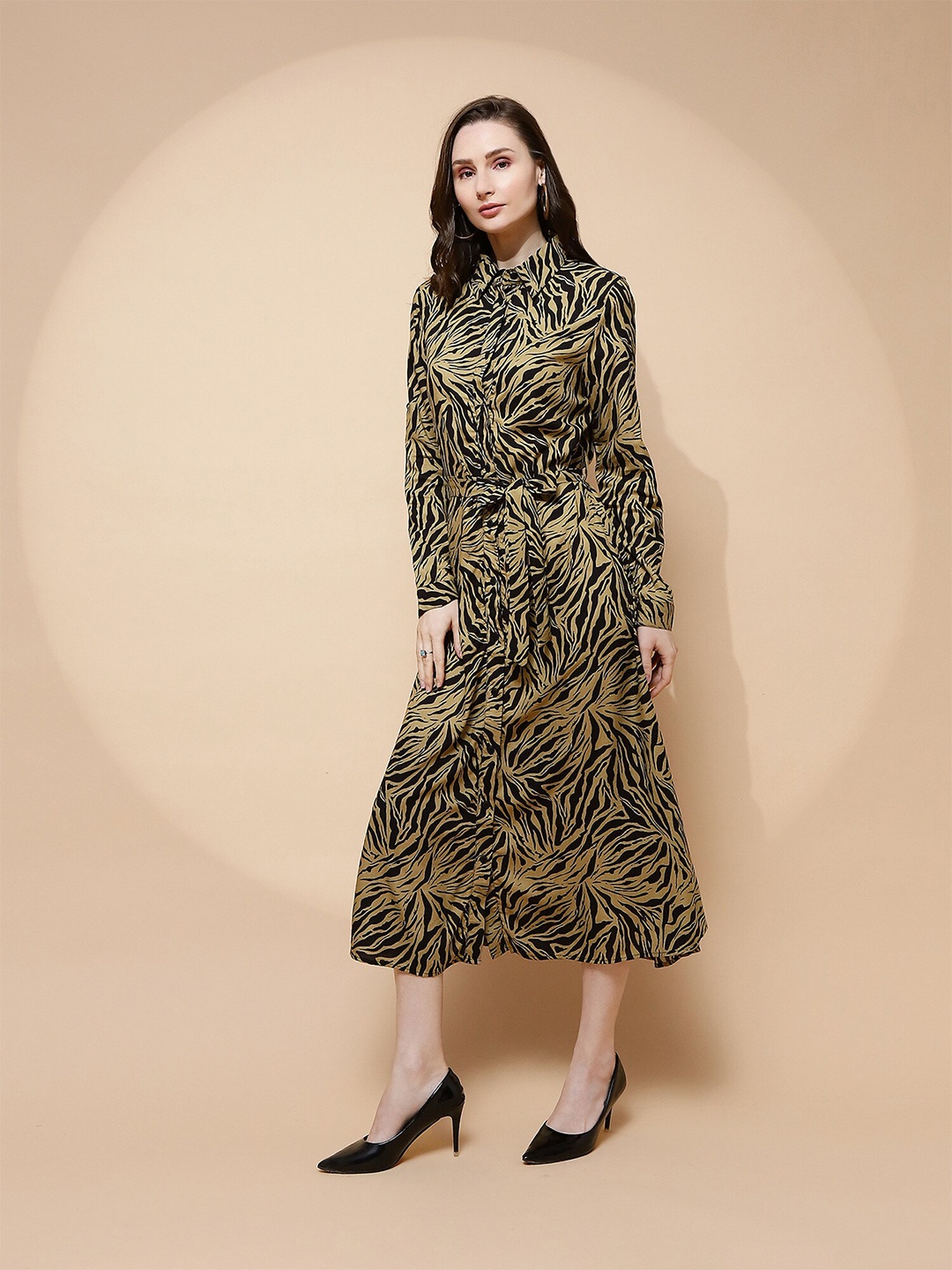 

Global Republic Abstract Print Shirt Collar Cuffed Sleeve A-line Midi Dress, Khaki