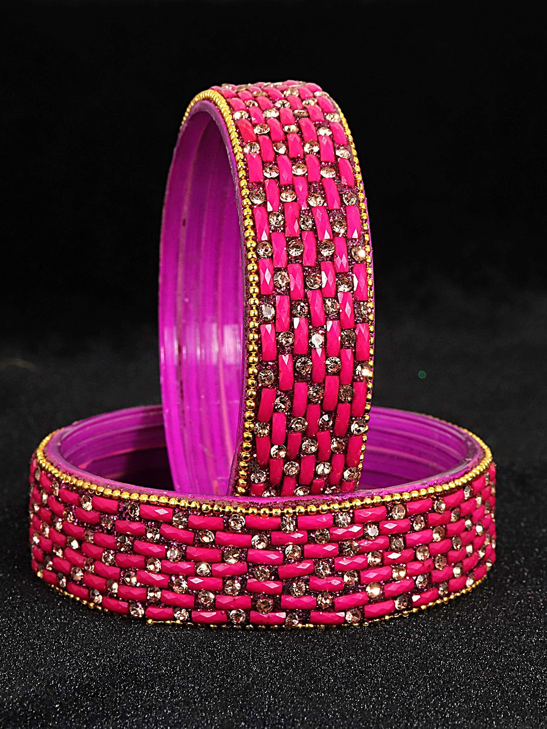 

NMII Set Of 2 Stone & Beads Studded Bangles, Magenta