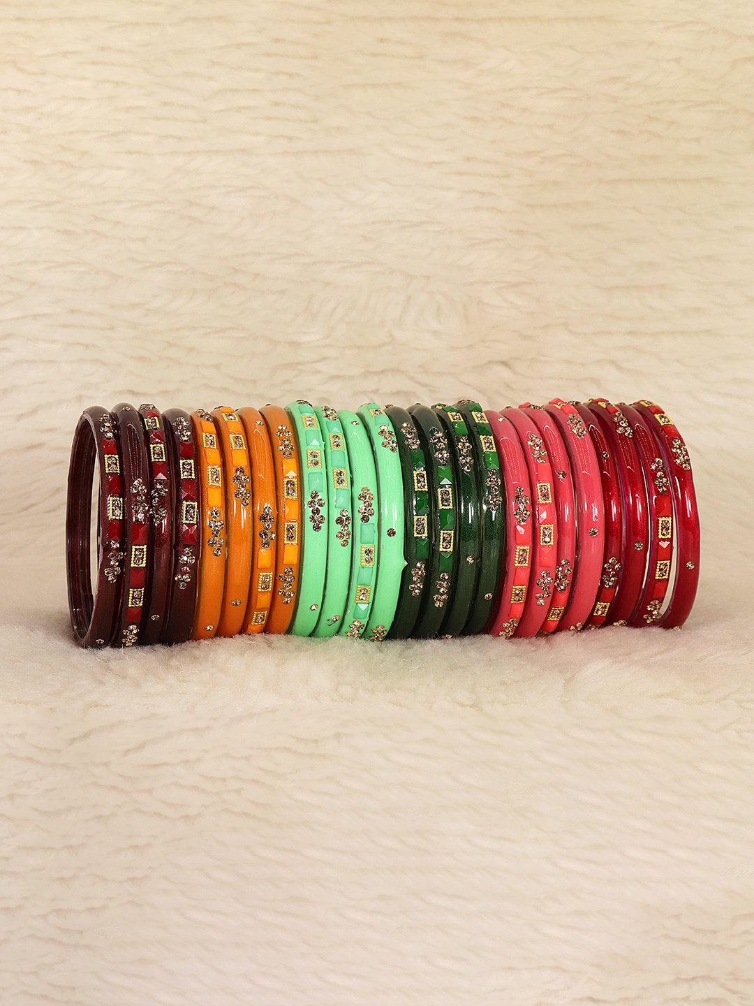 

NMII Set Of 24 Cubic Zirconia-Studded Glass Bangles, Red