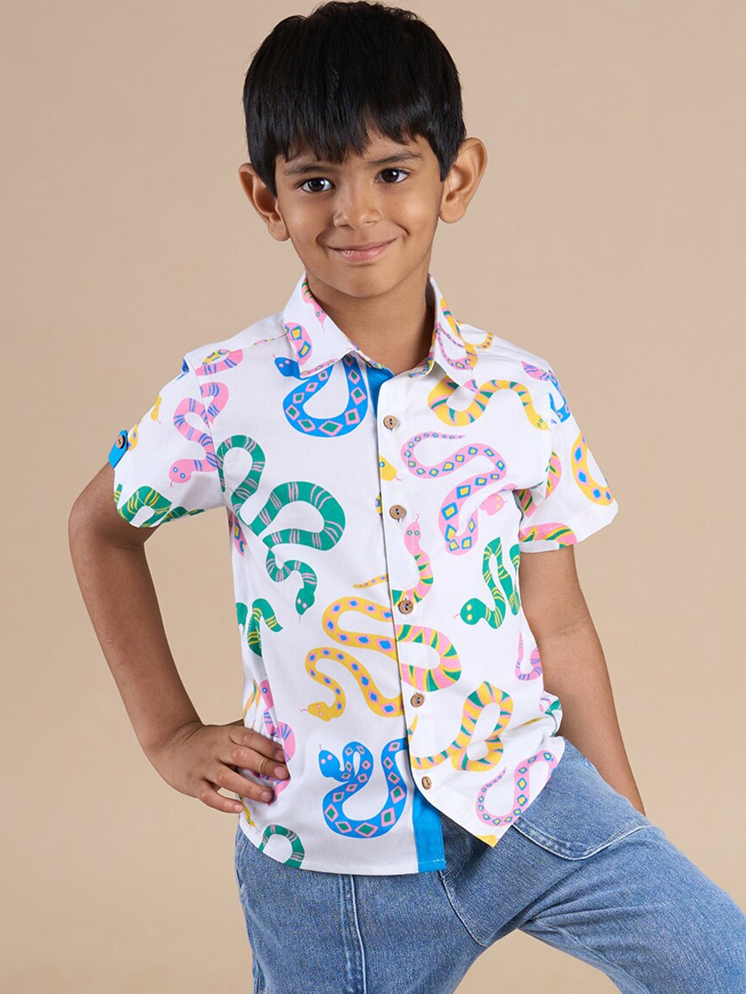 

LIL DRAMA Boys Printed Spread Collar Short Sleeves Cotton Casual Shirt, White